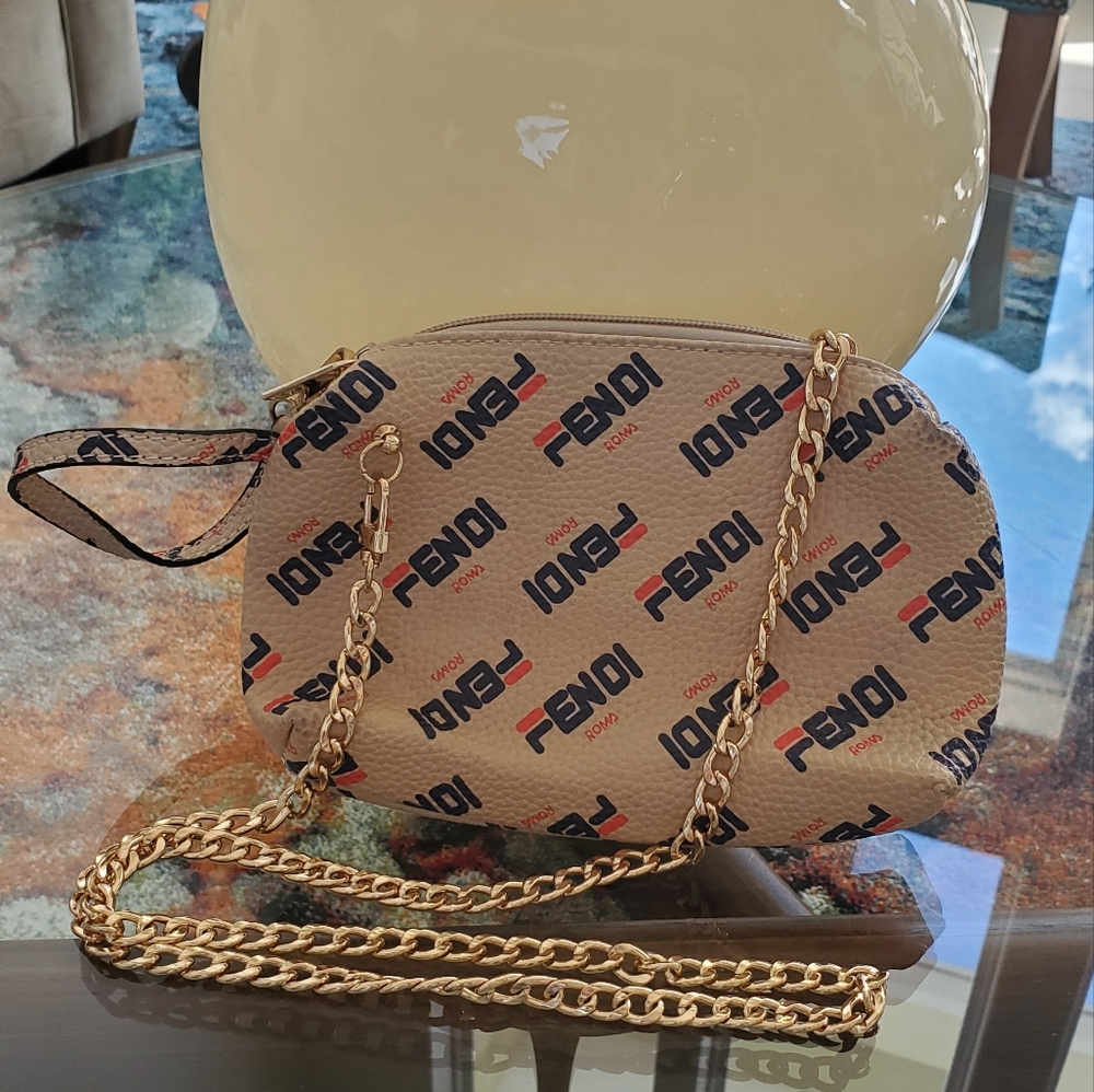 Fendi Beige Crossbody Bag with Iconic Monogram and Gold Chain